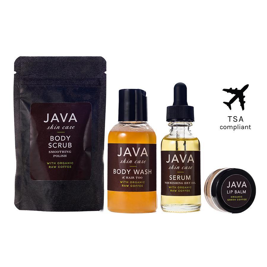 java discovery collection contains tsa compliant sizes of body scrub, wash, serum and lip balm