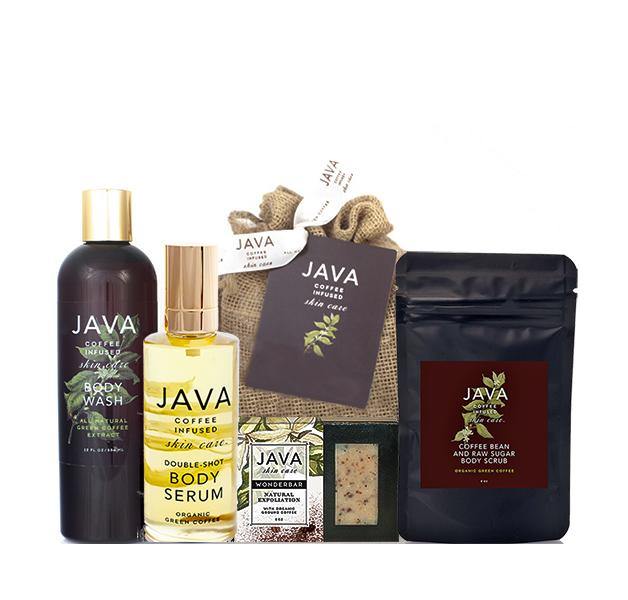 FULL BODY ROUTINE containing full size body wash, body serum, exfoliating soap bar and body scrub - Java Skin Care